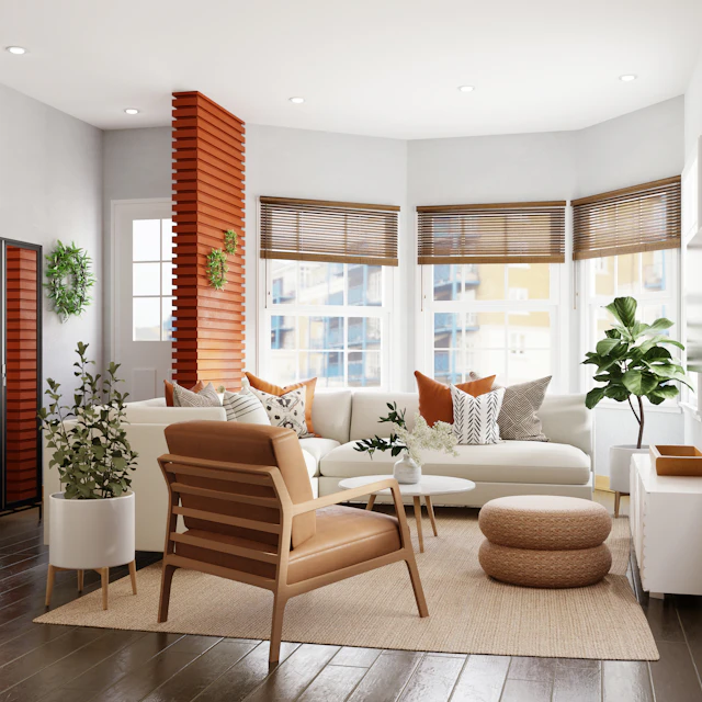 A bright living room with a white sectional sofa