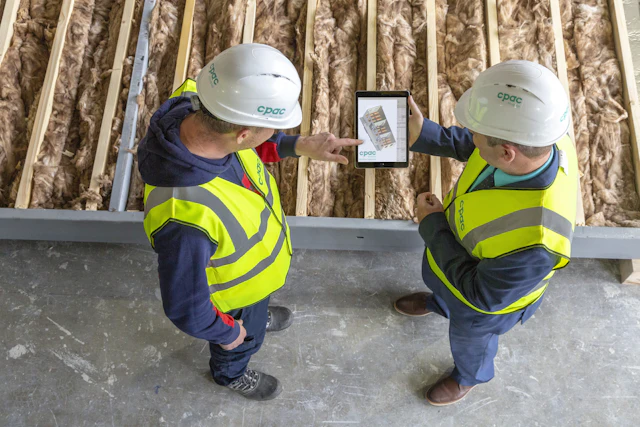 Two workers in hard hats reviewing plans beside insulated wall framing